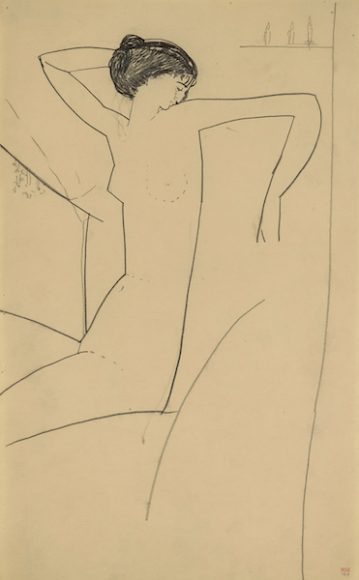 Amedeo Modigliani. “Seated Female Nude,” possibly Anna Akhmatova, c. 1911. Black crayon on paper, 16⅞ x 10⅜ in. (42.8 x 26.5 cm). Paul Alexandre Family, courtesy of Richard Nathanson, London. Courtesy the Jewish Museum.
