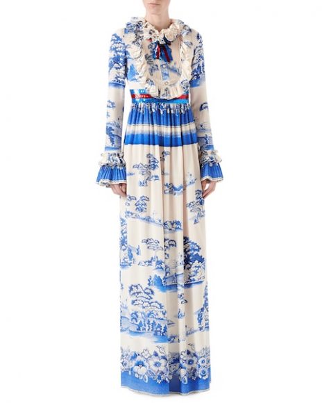 (4) Porcelain Garden Print Silk Gown, Magnolia Blue:White