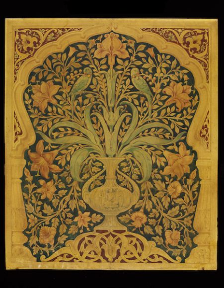 John Lockwood Kipling and Mayo School of Industrial Art students. Design for a carved
panel, mounted as a fire screen, ca. 1886. Pen-and-ink, pencil, and watercolor on paper mounted on canvas. Victoria and Albert Museum, London, E.765-2015.
