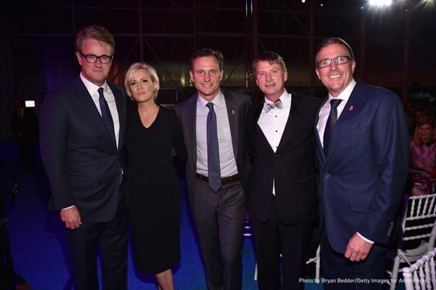 From left: Joe Scarborough, Mika Brzezinski, Tony Goldwyn, Jonathan Bush Jr. and Michael J. Nyenuis, president and CEO of Americares, at the 2017 Americares Airlift Benefit. Photograph by Bryan Bedder. Courtesy Getty Images for Americares. 