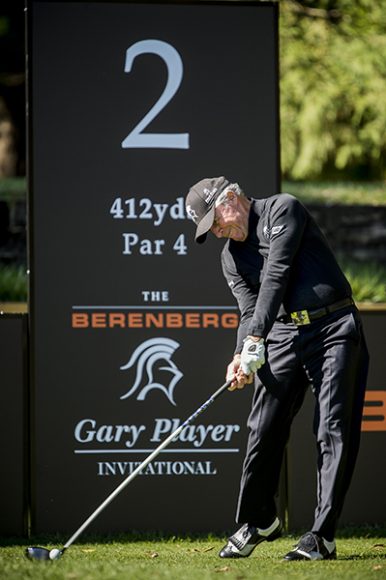 Gary Player takes a swing at The Berenberg Gary Player Invitational in Bedford.