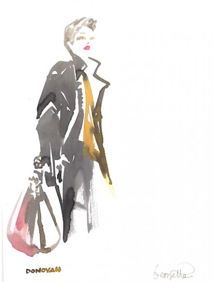 Bil Donovan’s fashion illustration of Georgette Gouveia, editor in chief of WAG magazine, with a pink Louis Vuitton handbag.