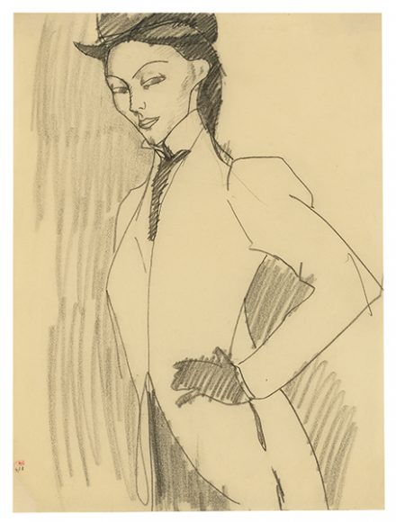 Amedeo Modigliani, Study for “The Amazon,” 1909. Black crayon on paper. 12⅛ x 9⅛ in. (30.8 × 23.2 cm). Private collection, courtesy of Richard Nathanson, London. Image provided by Richard Nathanson, photographed by Prudence Cuming Associates, London. Courtesy the Jewish Museum.