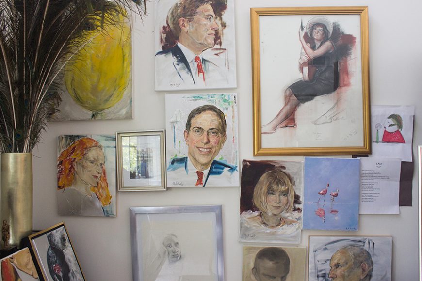 A selection of Olga's sketches and character studies, as well as a picture by one of her children. Photograph by Sebastian Flores.