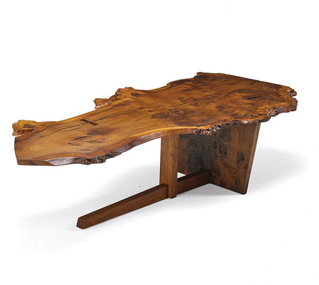 Nakashima's Minguren English oak coffee table, below, 1966, sold in 2017 for $53,125  (estimate $15,000-25,000).  Courtesy Rago Arts and Auction.