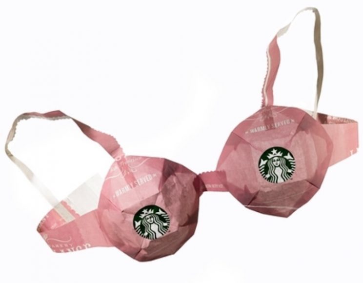 Ruby Silvious, “Starbucks Bra,” 2016, from the Oribrami series, October 2016 (she created one paper bra each day during Breast Cancer Awareness Month October 2016).
