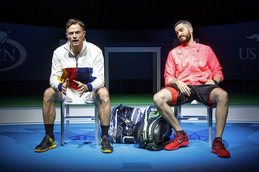 Wilson Bethel and Alex Mickiewicz square off as rivals in the Roundabout Theatre Company’s production of Anna Ziegler’s
“The Last Match.” Photograph by Joan Marcus.
