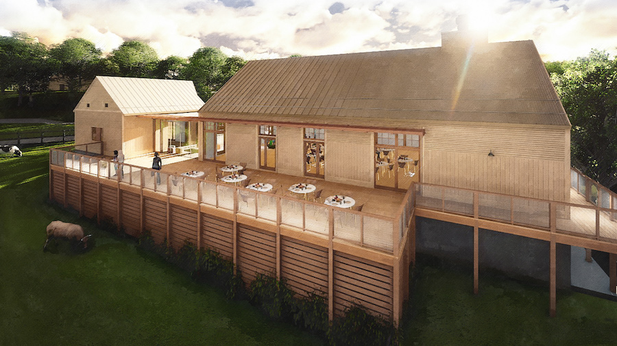 A rendering of the farmhouse deck at dusk. Courtesy Catalyst Marketing Communications Inc.