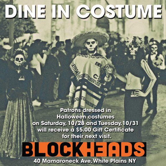 Patrons dressed in Halloween garb will receive a $5 gift certificate to use toward their next visit. Courtesy Blockheads.