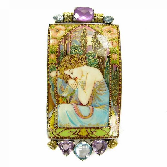 A hand-painted Russian miniature from original Mucha painting on mother of pearl with amethyst, blue topaz and quartz accents set in sterling silver. Courtesy Amy Kahn Russell.