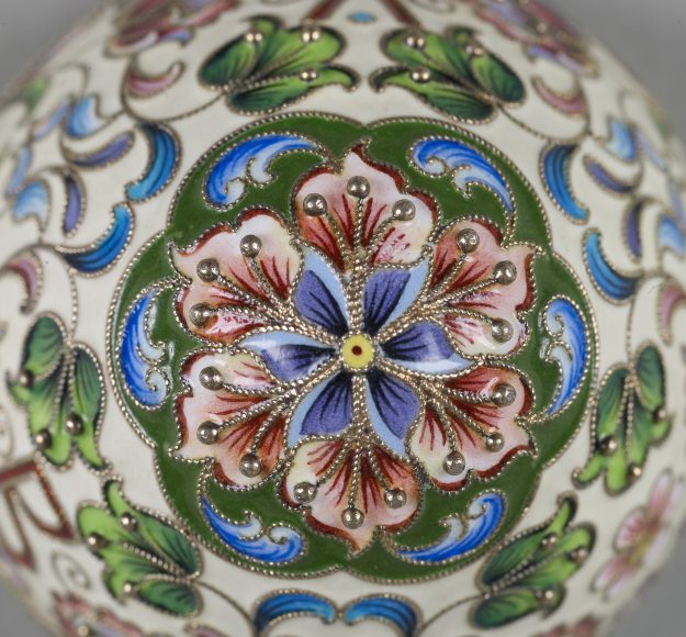 Easter Egg, detail. Maria V. Semenovna (Russian, active 1896-1917). Moscow, 1899-1908. Silver gilt, painted and filigree enamel. Provenance: A La Vielle Russie, New York, Jean M. Riddell, Washington, D.C., 1977; The Walters Art Museum, 2010, gift in memory of Jean M. Riddell, 44.821. Cat. no. 42. © The Walters Art Museum. Photography by Susan Tobin. Courtesy Thames & Hudson.