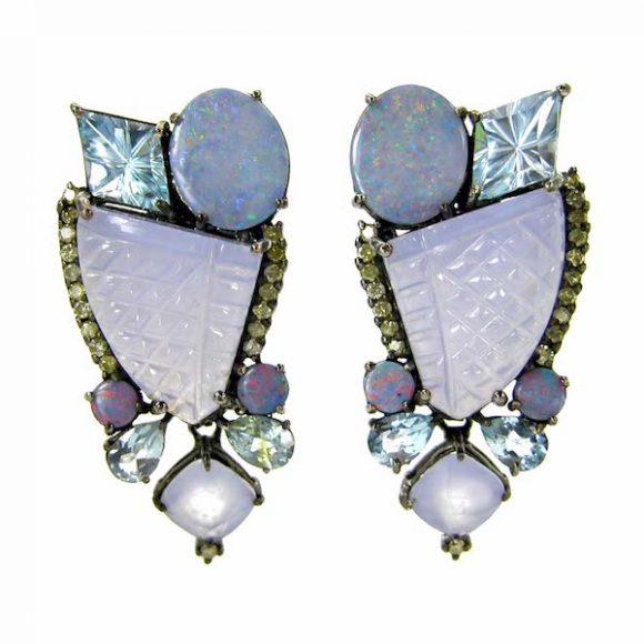 These earrings are a cluster of stones with chalcedony, faceted blue topaz and Australian opal accented with diamonds set in sterling silver. Courtesy Amy Kahn Russell.