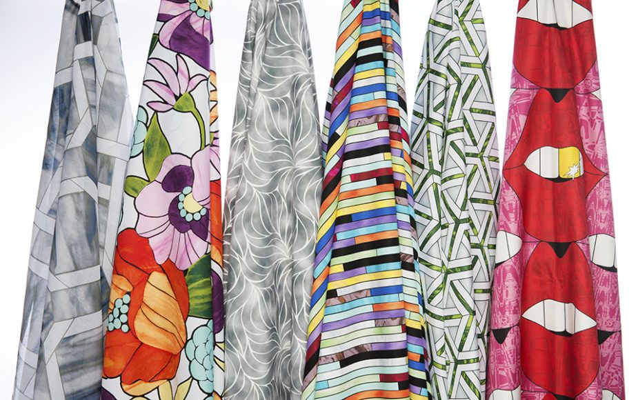 A selection of fabrics from the Allison Eden Pop Art Collection, a collaboration between Brooklyn-based mosaic artist Allison Eden and LebaTex, a Hudson Valley-based textile supplier. Courtesy LebaTex.