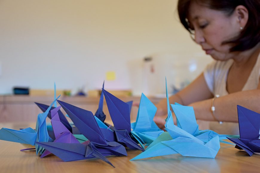 Guests were invited to write their own messages of hope on paper birds, which characterized the “Unchain” Campaign’s hummingbird logo. These individual creations were then hung together, and configured into a larger, unified hummingbird-shaped collage, representing how change is the result of individual action. Photograph © Hogarth Worldwide. Courtesy Grace Farms Foundation.