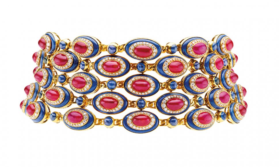 Bulgari choker, 1979. Choker with oval medallions of concentric cabochon rubies, brilliant-cut diamonds and lapis lazuli, joined by gold chains and smaller sapphire cabochons. Courtesy Bulgari Archives, Rome.