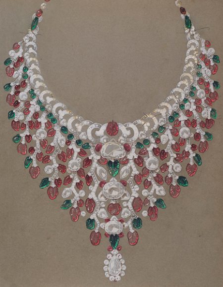 Graphite and gouache design for a 1935 ruby and diamond Cartier necklace. Drawing in graphite and gouache on tracing paper for a ruby and diamond necklace commissioned from Cartier  by Kailash Kumari Debi, maharani of Patna, for her husband, Sir Rajendra Narayan Singh Deo, maharajah of Patna. © Cartier. Courtesy Cartier Archives.