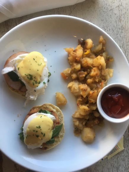 Eggs Benedict with Canadian ham and a side of breakfast potatoes. Photograph by Danielle 