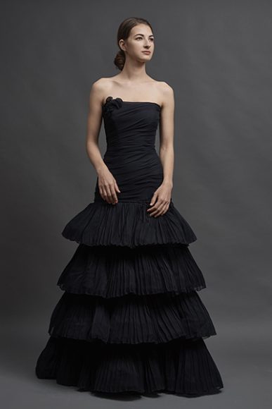 A hand-draped and pleated strapless chiffon “pagoda” gown, $4,290. Model – Tanya Gavrilova. Photograph by Roman Makhmutov.