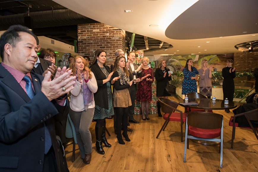 Attendees hear about the 14th annual “New Year. Safe Ride.” program at Heineken USA in White Plains. Photograph by Margaret Fox, courtesy Buzz Creators.