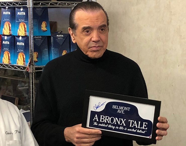 Chazz Palminteri describes the inspiration behind this framed, autographed photograph, which is evocative of the Belmont Avenue street sign. The quote along the bottom – “The saddest thing in life is wasted talent” – was originally written by Palminteri’s father to help motivate his son. Available in various sizes, $29.99 to $139.99. Photograph by Danielle Renda.
