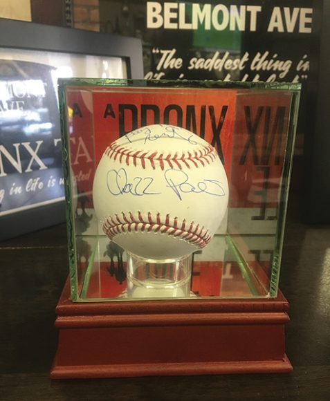 This is the first collection, according to Chazz Palminteri, that includes autographed items and a quote from his film “A Bronx Tale.” Pictured above, A Bronx Tale Glass Single Baseball Case with Chazz Palminteri Signed Baseball, $129.99. Photograph by Danielle Renda.