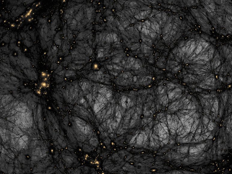 Dark matter is an invisible material that emits or absorbs no light but betrays its presence by interacting gravitationally with visible matter. This image from Dark Universe shows the distribution of dark matter in the universe, as simulated with a novel, high-resolution algorithm at the Kavli Institute of Particle Astrophysics & Cosmology at Stanford University and SLAC National Accelerator Laboratory. Image © AMNH. 