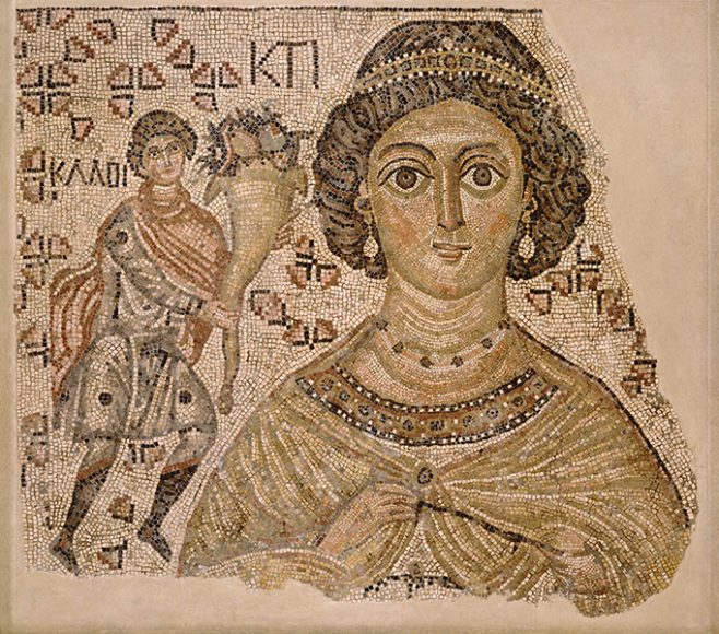 Fragment of a Floor Mosaic with a Personification of Ktisis, Byzantine, 500-550, with modern restoration, marble and glass; The Metropolitan Museum of Art, Harris Brisbane Dick Fund and Fletcher Fund, 1998; Purchase, Lila Acheson Wallace Gift, Dodge Fund, and Rogers Fund, 1999 (1998.69; 1999.99) Image © Metropolitan Museum of Art. 
