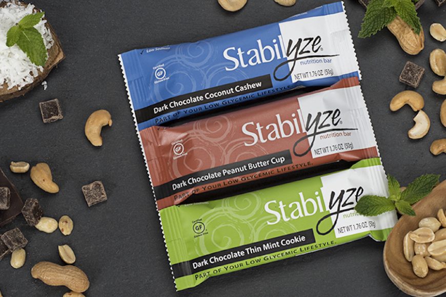 Stabilyze nutrition bars come in flavors including Dark Chocolate Coconut Cashew, Dark Chocolate Thin Mint Cookie and Dark Chocolate Peanut Butter Cup. Courtesy Stabilyze.