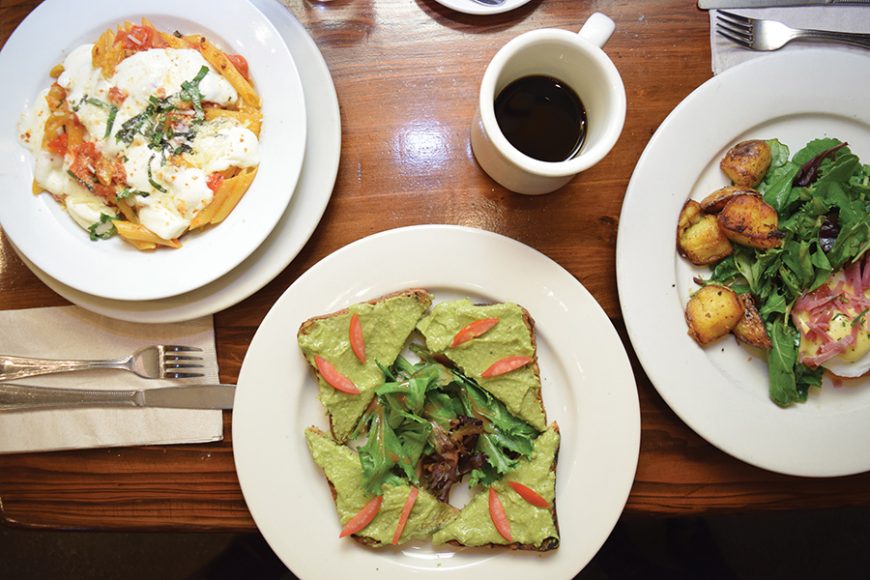 Irvington’s Michael and Vivian Forte own and operate Pisticci, a cozy Italian eatery in the Morningside Heights section of Manhattan. Brunch selections there include, from left, Penne Pisticci; the restaurant’s twist on the ubiquitous avocado toast; and Pisticci fiorentino. Photograph by Aleesia Forni.
