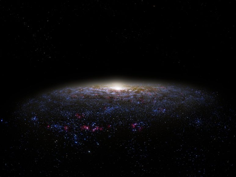 The visualization of the Milky Way Galaxy in Dark Universe shows a 3D simulation of our galaxy. Developed by the National Astrophysical Observatory of Japan, the high-resolution numerical model includes both stars and gas and is constrained to agree with actual observations of the galaxy. Image © AMNH. 