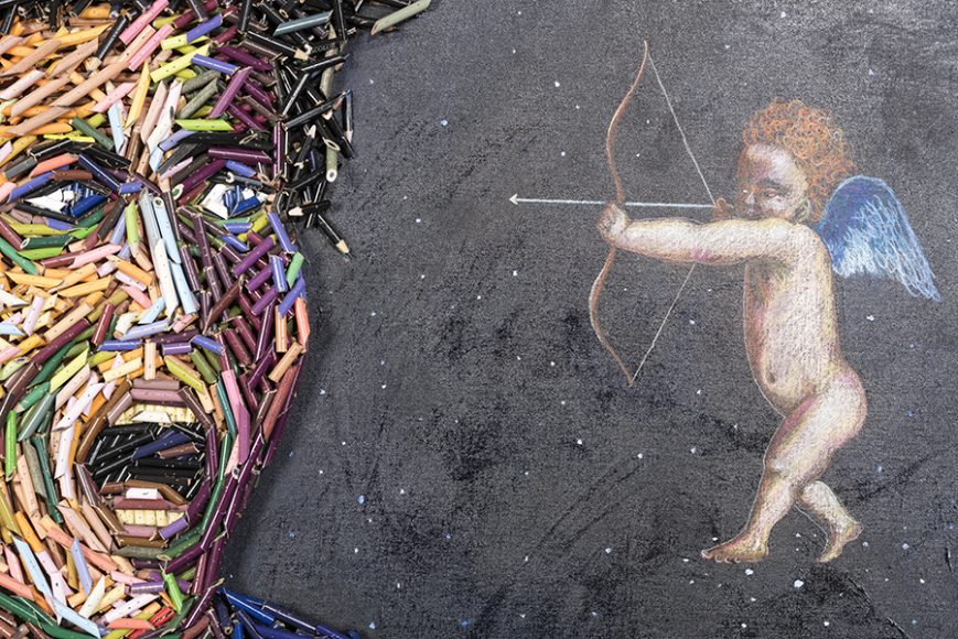 Federico Uribe’s "The Fear of Cupid" (2014. Color pencils and pencil drawings. From his “Built-in Colors” series.