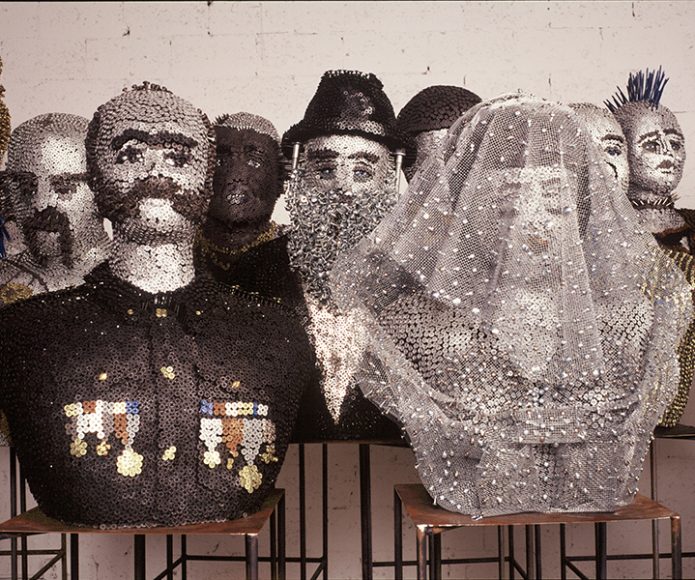 Federico Uribe’s "Bride, General and Rabbi," (c. 2001-02), screws and metal mesh. From his "Everybody Gets Screwed" series.