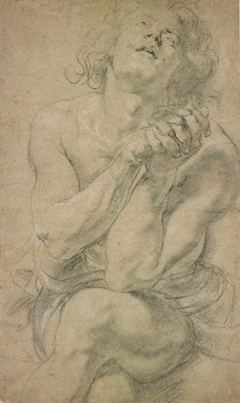 Detail of Peter Paul Rubens’ “Seated Male Youth” (1613), black chalk heightened with white chalk on light gray paper. The Morgan Library & Museum. Photograph by Steven H. Crossot.