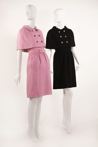Norell, belted dresses with mini capes in pink linen and black wool, 1964. Photograph of Kenneth Pool Collection © Marc Fowler. Image courtesy The Museum at FIT.
