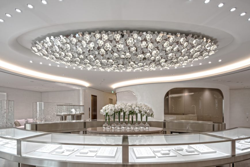 Lalique’s Interior Design Studio worked on a new light sculpture for the Mikimoto boutique in Tokyo.  Inspired by the clover motif, the Lalique team developed a chandelier made up of 355 crystal clovers using new manufacturing techniques. Courtesy Lalique.
