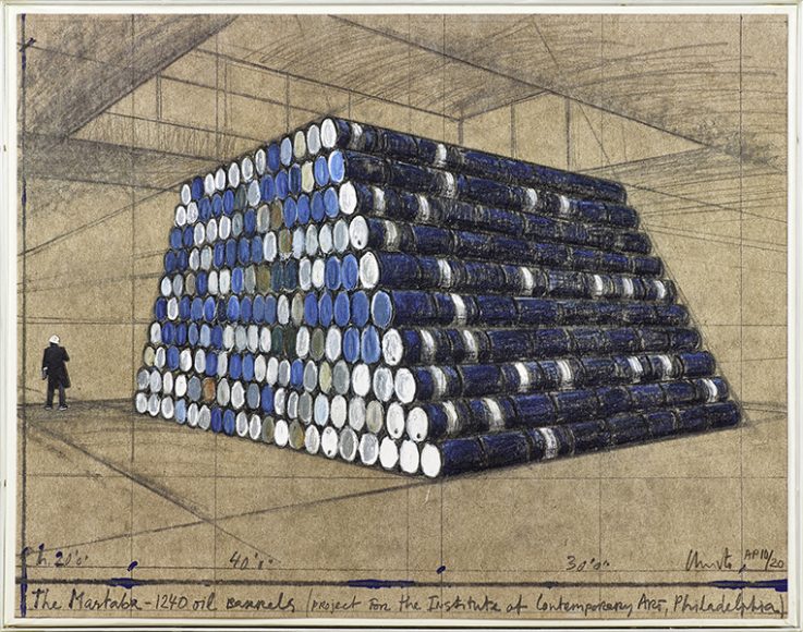 Christo and Jeanne-Claude, "The Mastaba, 1,240 Oil Barrels, Project for the Institute of Contemporary Art, Philadelphia” (1968-1998), lithograph and silkscreen in colors, sold for $1,250 (estimate, $500-$1,000).