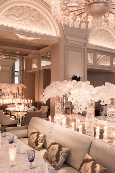 In collaboration with the Lalique Interior Design Studio, Pierre-Yves Rochon developed customized interiors for the Georges V Hotel in Paris, including large rectangular tables, four large entry doors, a reception desk and working stations in the restaurant. Courtesy Lalique.
