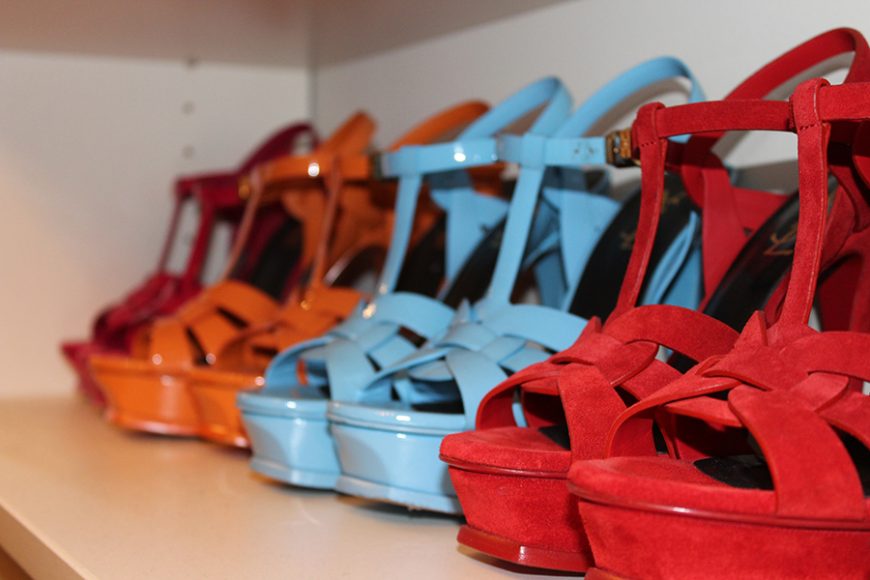 A selection of Yves Saint Laurent platform sandals in every color. Photograph by Danielle Renda. 