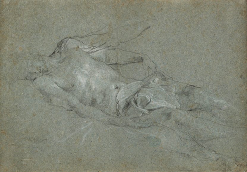 Anthony van Dyck’s “Study for the Dead Christ” (circa 1635-40), black chalk heightened with white chalk on gray-blue paper. The Morgan Library & Museum. Photograph by Steven H. Crossot.
