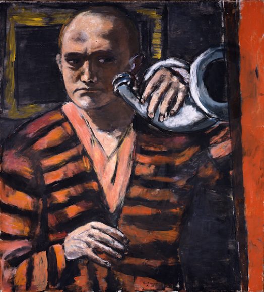 Max Beckmann (1884-1950). “Self-Portrait with Horn, 1938,” Oil on canvas. Neue Galerie New York and Private Collection. © 2018 Artists Rights Society (ARS), New York / VG Bild-Kunst, Bonn. Courtesy Neue Galerie for German and Austrian Art. Image courtesy Neue Galerie New York.
