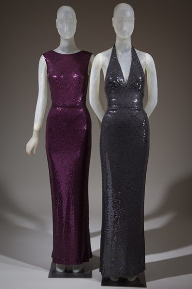Norell, purple “mermaid” dress, silk jersey, sequins, circa 1965. The Museum at FIT, Gift of Mortimer Solomon. Norell, gray “mermaid” dress, silk jersey, sequins, 1968-1969. The Museum at FIT, Gift of Lauren Bacall. Image courtesy The Museum at FIT.