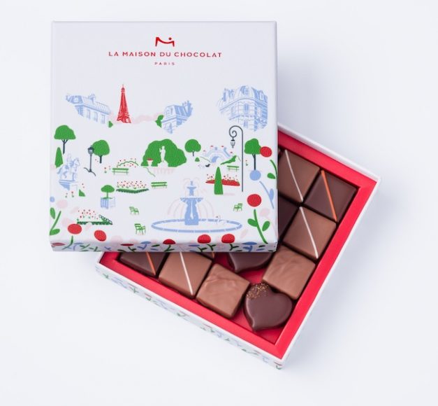 La Maison du Chocolate’s Parisian flavors come in an appropriately red, white and blue box with a cover illustration by Kim Roselier.