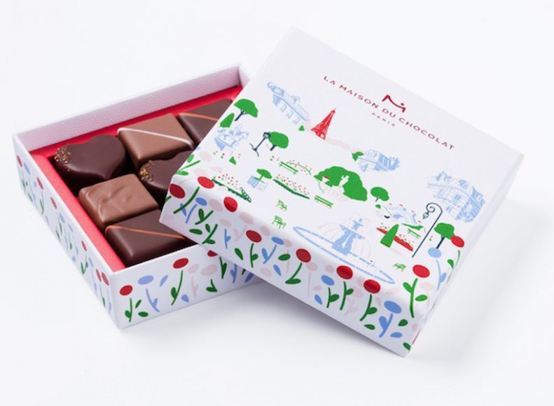 La Maison du Chocolate’s Parisian flavors come in an appropriately red, white and blue box with a cover illustration by Kim Roselier.