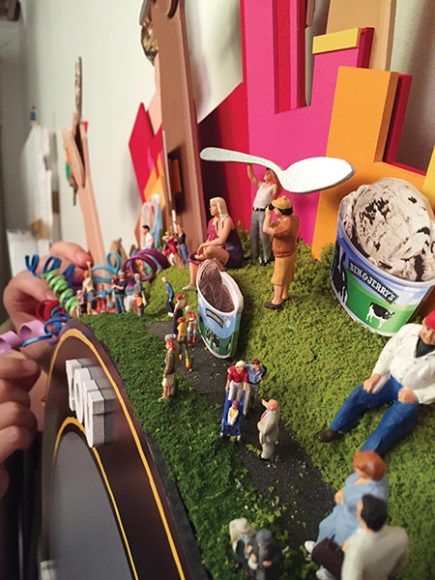 In a commercial project for Ben & Jerry’s Ice Cream, Nix + Gerber create a scene depicting family fun using miniature figures of varying sizes. To add a dose of humor, a strong man is pictured lifting an average-sized ice cream spoon. Photograph courtesy Nix + Gerber.