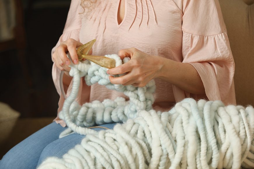 Meyrowitz sells knitting kits, which include extra-large needles and wool, which, she says, make knitting stress free. Photograph by John Rizzo.