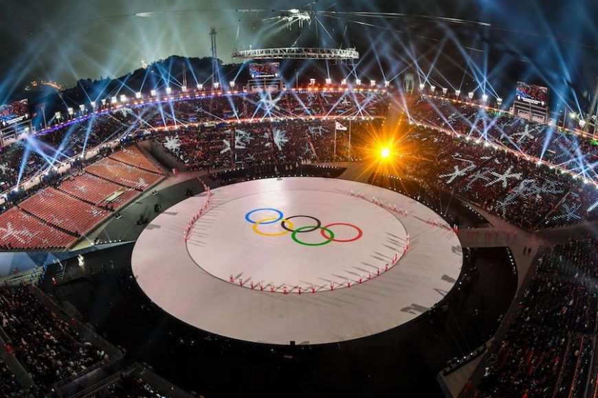 View of the Olympic rings during the opening ceremony of the Pyeongchang 2018 Winter Olympic Games at the Pyeongchang Stadium on February 9, 2018. / AFP PHOTO / François-Xavier MARIT (Photo credit should read FRANCOIS-XAVIER MARIT/AFP/Getty Images)
