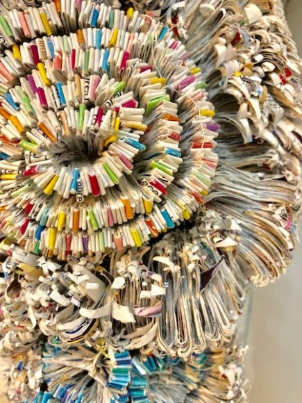 “Totem,” (detail), a shredded and sewn junk mail sculpture by Jaynie Crimmins, will be part of a new exhibition at Rockland Center for the Arts. Courtesy Rockland Center for the Arts.