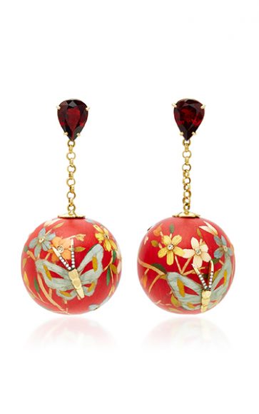 18-karat gold marquetry red butterfly drop ball earrings. Photograph courtesy Silvia Furmanovich.