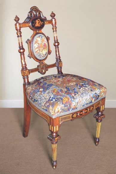 A rare Herter Brothers chair, part of the furnishings of the Lockwood-Mathews Mansion Museum during the Mathews era, has been recently re-acquired and will be on view this year. Photograph by Gus Apazidis. Courtesy Lockwood-Mathews Mansion Museum. 