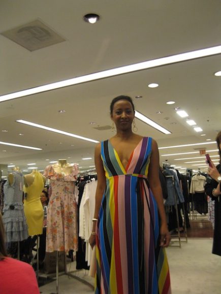 3450Aqua 100% Rainbow Striped Maxi Dress ($158) with Tory Burch Nude Clutch ($258) and Via Spiga Strappy Sandal ($295).
